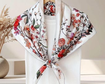 Sun God Garden 100% Mulberry Silk Scarf 35", Floral 14Momme Twill Silk Square 90cm