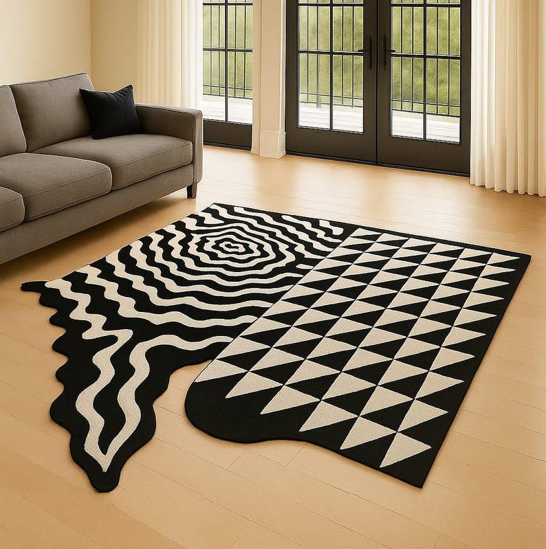 Modern Black and White Wool Rug - Hand Tufted Geometric Wavy Carpet - Etsy