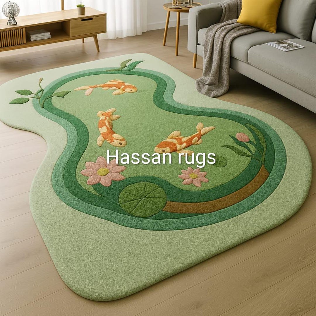 Hand Tufted Koi Fish Pond Rug, Organic Shape Kids Playroom Carpet ...