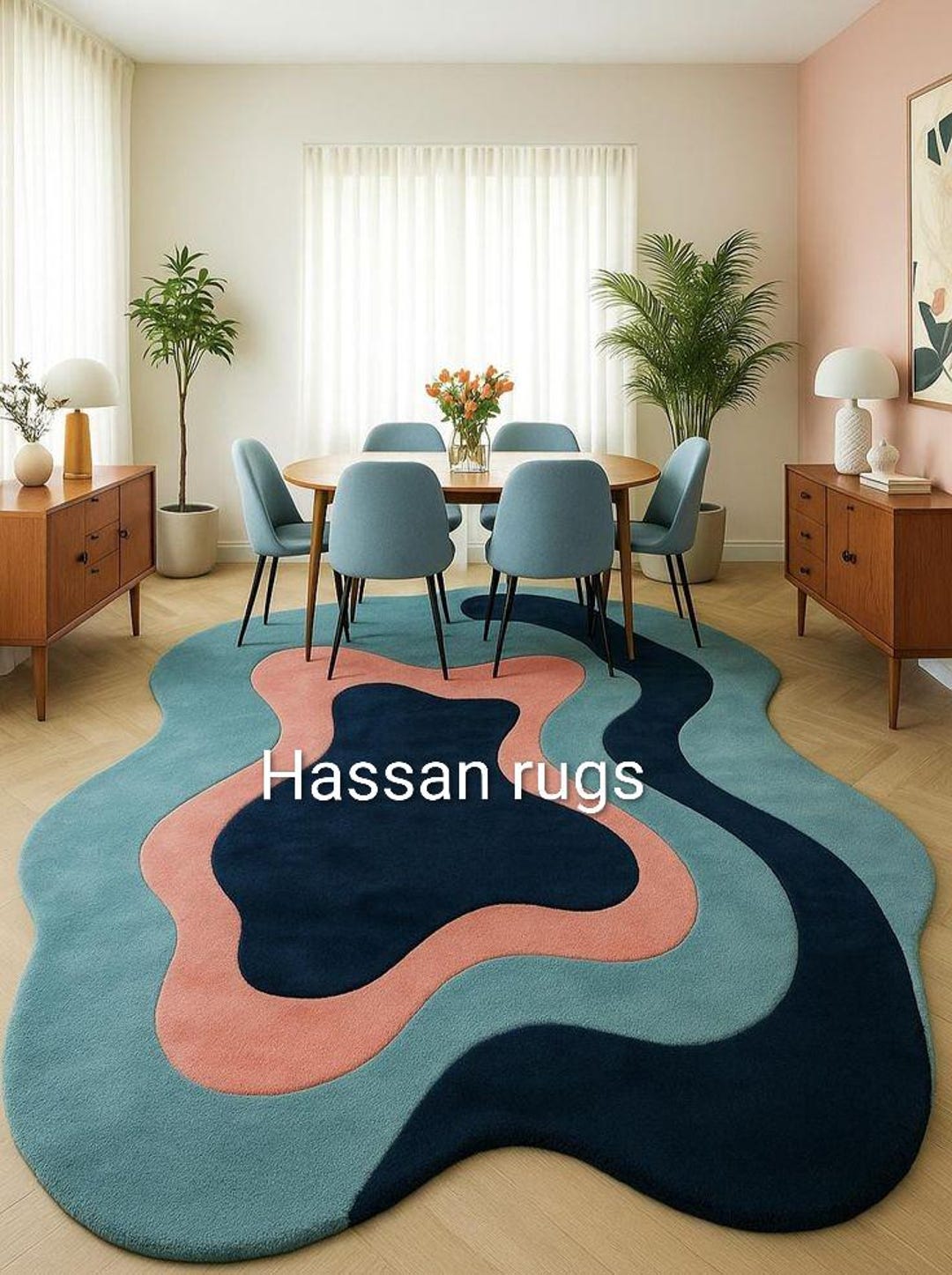Hand Tufted Wool Rug, Organic Abstract Shape, Teal Navy Pink ...