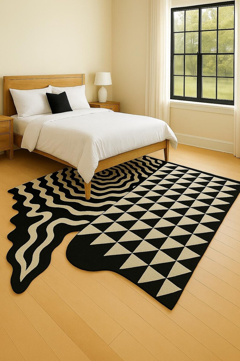 Modern Black and White Wool Rug - Hand Tufted Geometric Wavy Carpet - Etsy