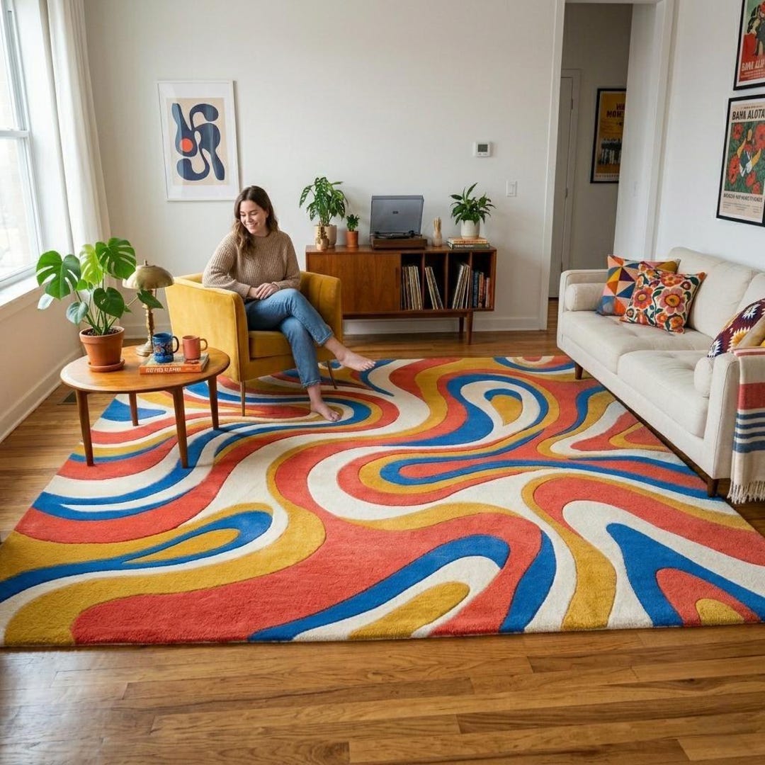 Hand Tufted Abstract Wool Rug, Colorful Modern Area Rug, Retro Swirl ...