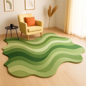 Handmade Waves Modern Irregular Rug 8x10 Tufted green Colour Abstract Design Rug for Floor Decor Bedroom Dining Room Office Hallway