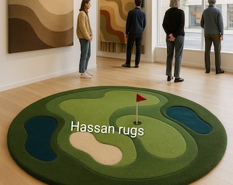 May include: A round green rug designed to resemble a golf course, featuring a sand trap, water hazard, and a red flag. The rug has the text "Hassan rugs" in white. The rug is on a light wood floor.