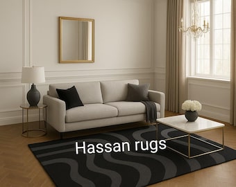 Hand Tufted Wool Rug: Black & Grey Abstract Wave, Modern Living Room