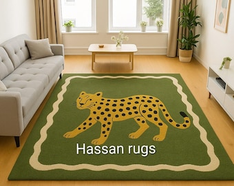 Hand Tufted Wool Leopard Rug: Green Jungle Safari Decor