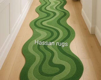 Hand-Tufted Wavy Green Runner Rug, Modern Curvy Carpet