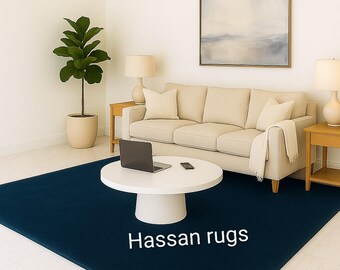 Alfombra de lana azul tejida a mano, estilo nudos nórdicos, hecha a medida para sala de estar.