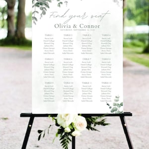 Plano de asientos para boda en verde y blanco / Letrero de recepción en acuarela suave / Elegante plano de asientos de mesa imprimible / Plantilla de letrero de boda