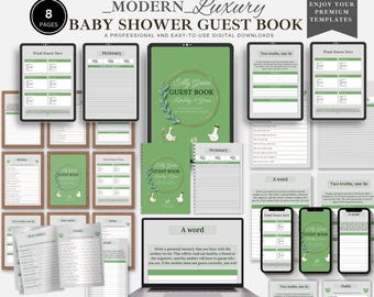 May include: Digital baby shower guest book with a green and white design, featuring the text "Sally Goose Guest Book". The image includes digital tablets, phones, and a laptop displaying various pages and templates.