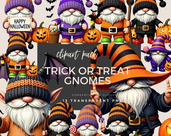 May include: A collection of Halloween-themed gnome clip art. The gnomes wear orange, black, and purple hats and outfits. Some gnomes hold pumpkins, candy, and signs that say "Happy Halloween". The words "Trick or Treat Gnomes" are also visible.