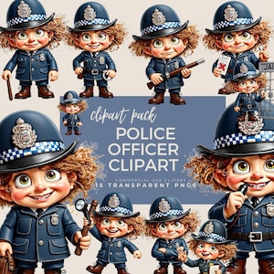 Police Officer Clipart PNG: Cute Cartoon Kids in Uniform Digital Download