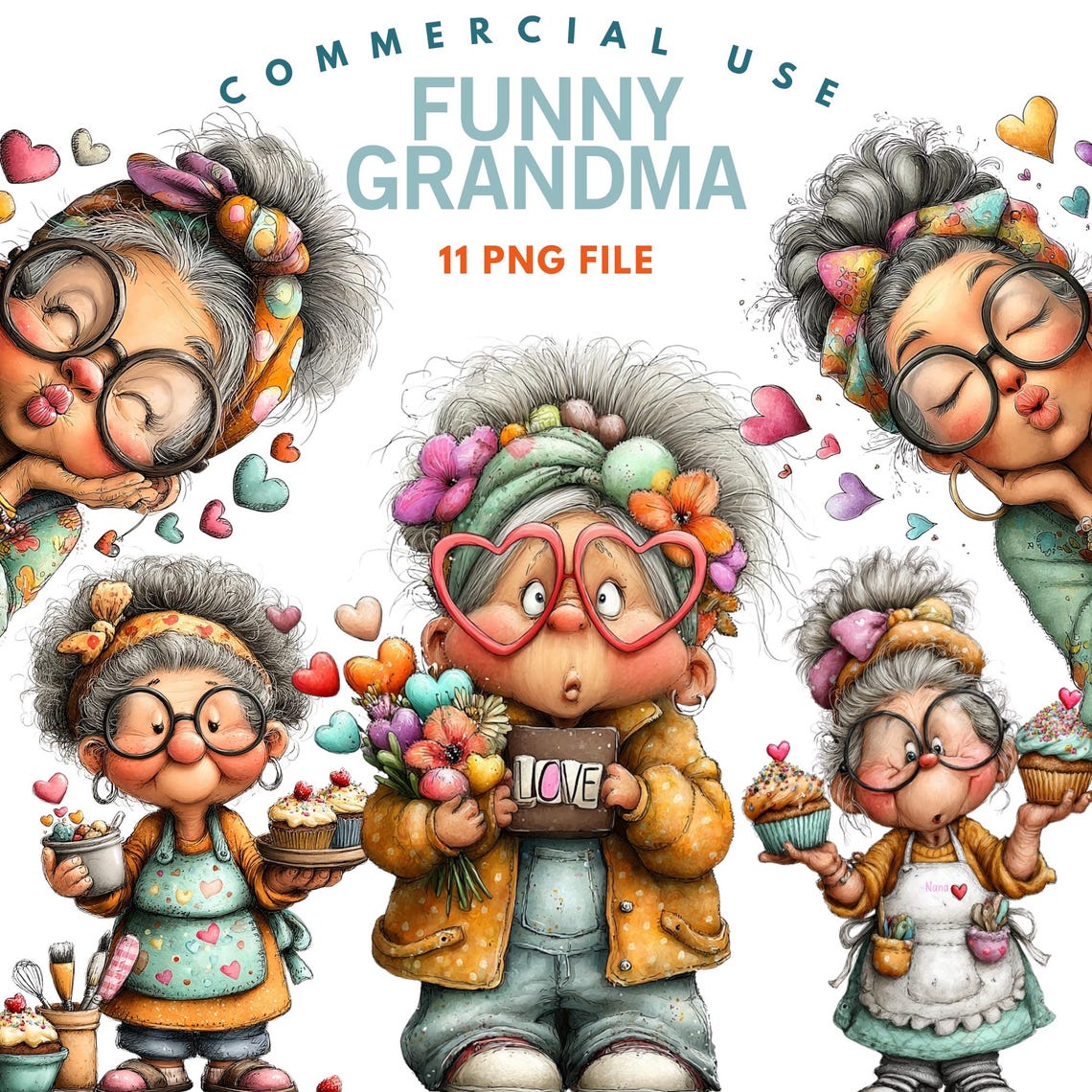 Funny Grandma Clipart – Whimsical Nana PNG Digital Crafters Bundle – 11 ...