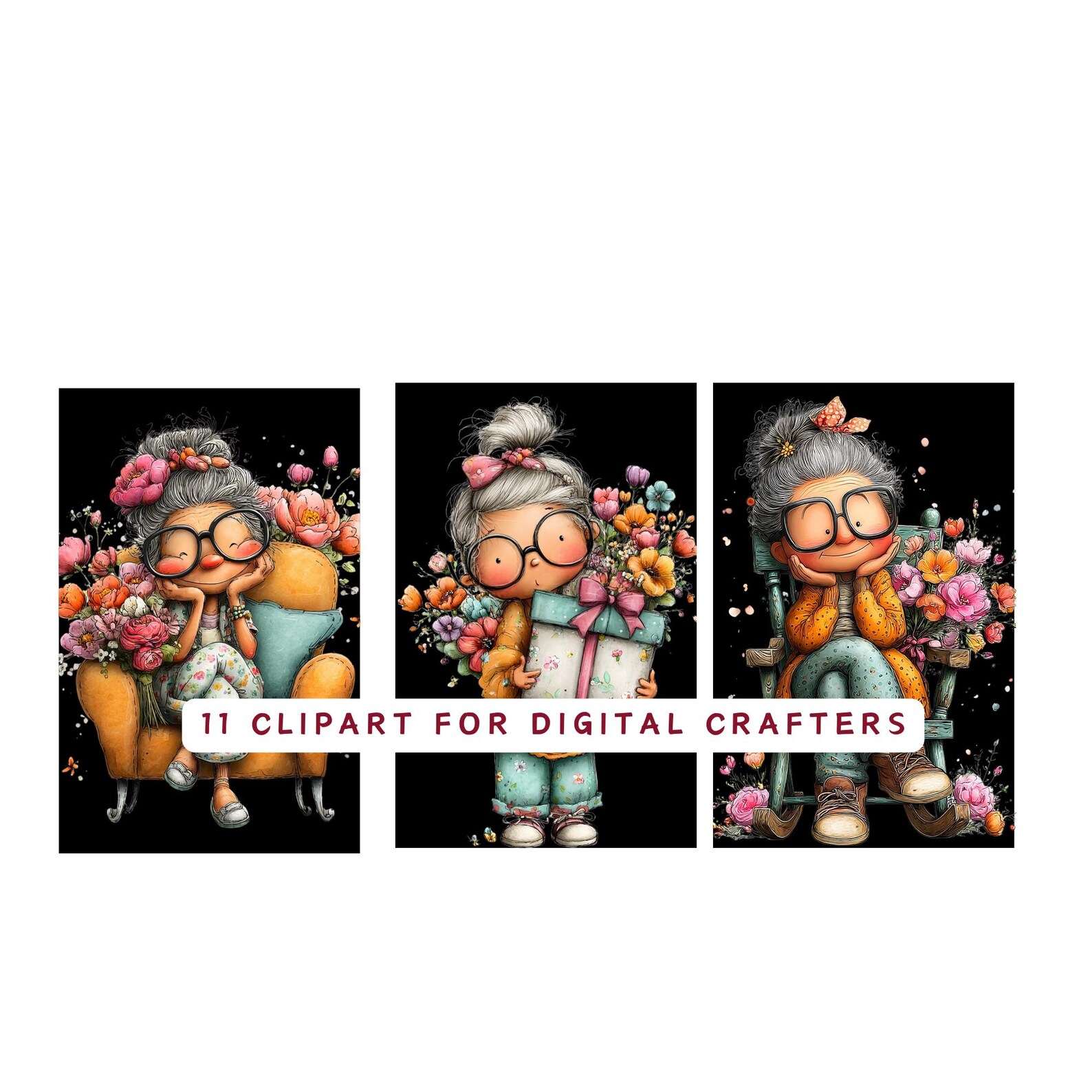 Funny Grandma Clipart – Whimsical Nana PNG Digital Crafters Bundle – 11 ...