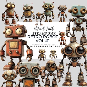 May include: A selection of steampunk-style retro robot clip art in various sizes and colours, including rusty orange, teal, and metallic grey. The image includes the text "clipart pack STEAMPUNK RETRO ROBOT VOL #1".