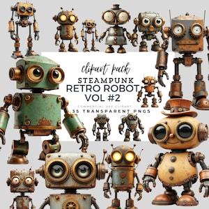 Könnte beinhalten: Eine Sammlung von Steampunk-Roboter-Cliparts in verschiedenen Größen und Designs. Die Roboter sind hauptsächlich metallisch, mit Kupfer-, Bronze- und Rostoberflächen. Das Bild enthält den Text "clipart pack STEAM PUNK RETRO ROBOT VOL #2".
