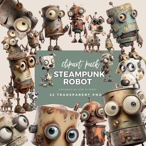 以下が含まれることがあります： 様々なポーズとデザインの、スチームパンク風ロボットのクリップアートのコレクション。ロボットは金属製で、ギア、リベット、その他の機械的なディテールが見えます。画像には「clipart pack STEAMPUNK ROBOT COMMERCIAL USE CLIPART 22 TRANSPARENT PNG」というテキストが含まれています。