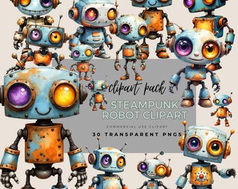 Steampunk Robot Clipart: Quirky Mechanical PNG Images (12x12 Inch Digital Download)
