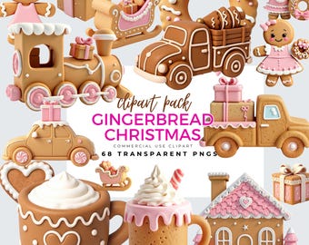 Pink Gingerbread Christmas Clipart: Holiday Cookie PNG Illustrations (Digital Download)