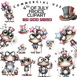 May include: A collection of whimsical frog illustrations in patriotic attire, celebrating the 4th of July. The clipart features frogs with top hats, holding sparklers, flags, and star-shaped balloons in red, white, and blue. Text reads "4th of July Frogs Clipart".