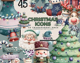 Christmas Icons Clipart: Santa, Holiday Elements – 45 Designs – 12x12 PNG Download
