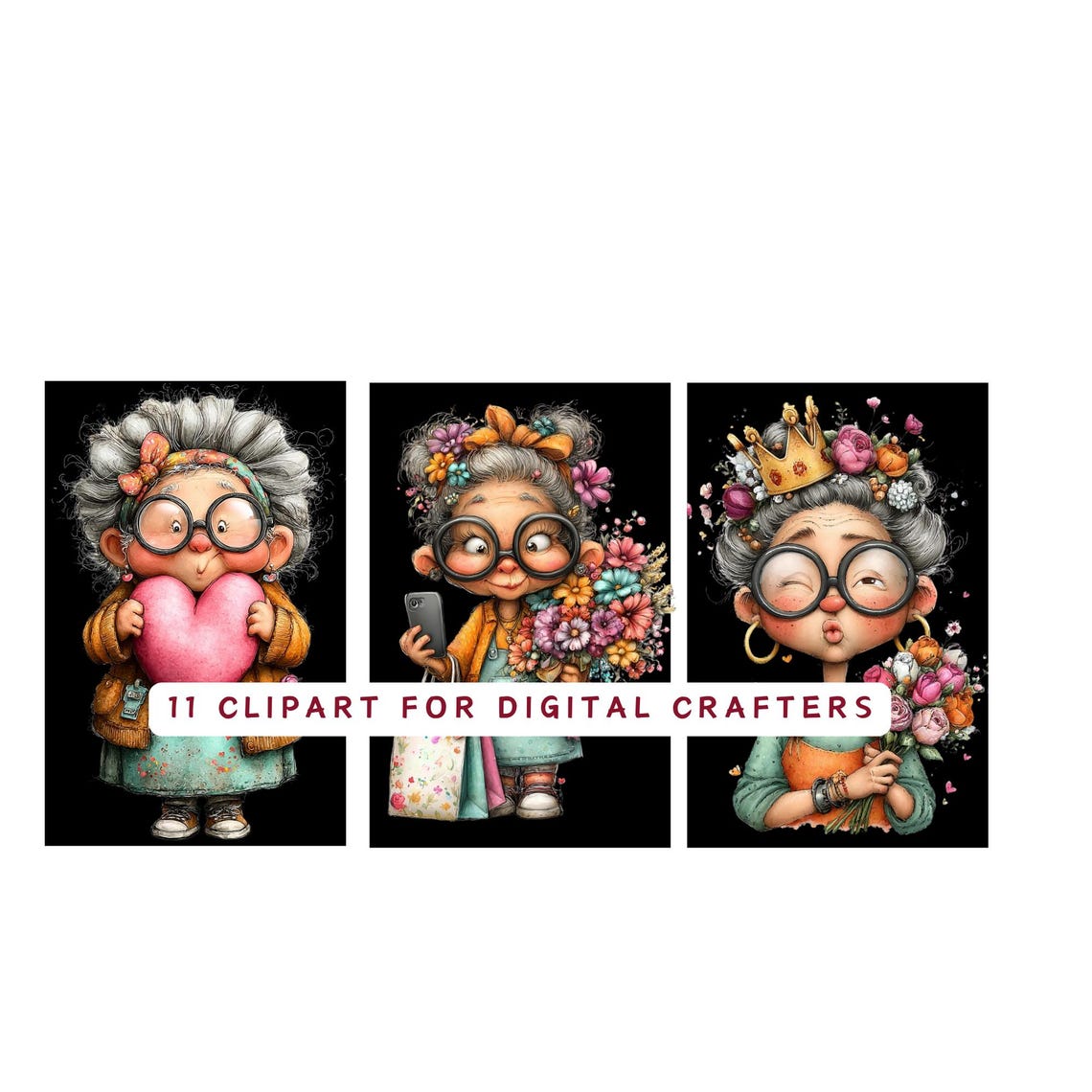 Funny Grandma Clipart – Whimsical Nana PNG Digital Crafters Bundle – 11 ...