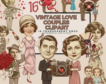 Vintage Love Couples Clipart Set – Romantic Retro Characters PNG, 16 Designs, 12x12 , Digital Download