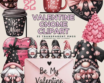 Valentine Gnome Clipart: Pink & Black Hearts, Love Letters, – 32 Designs – 12x12 PNG Digital Download