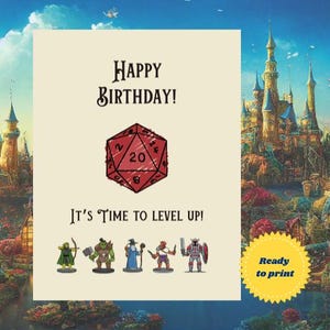 Cartão de aniversário D20 para impressão de Dungeons and Dragons | Tema D&D | Cartão de felicitações para RPG de D&D | PDF exclusivo de Feliz Aniversário