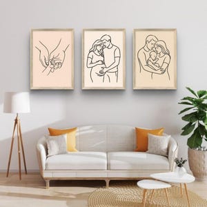 Family Line Art – Minimalist Mom Dad Baby Silhouette Wall Art, Modern Parent and Child Love Decor