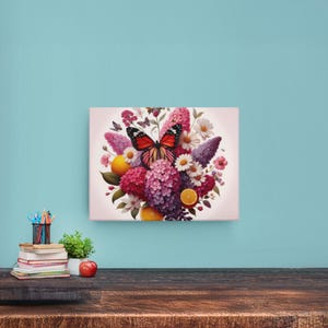 Quadro su tela con farfalle – Dipinto con bouquet floreale colorato per soggiorno, camera da letto o ufficio, regalo ispirato alla natura