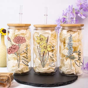 Personalized Iced Coffee Cup Birth Flower, Custom Can Glass with Lid and Straw, Bachelorette Glass Cup,Bridesmaid Gift,Birthday Gift for Her