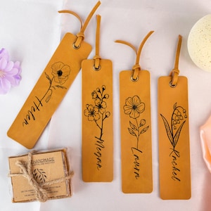Leather Bookmark, Custom Bookmark with Birth Flower and Name, Bridesmaid Gift, Custom Handmade Bookmark, Gifts for Teacher, Book Lover Gift