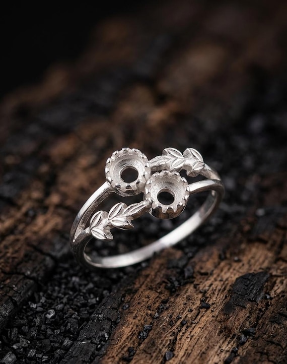 Leaf Bypass Ring Setting for Two Stones, 925 Sterling Silver DIY Ring Blank, Toi et Moi Double Bezel Cup Mounting for Gemstone or Resin