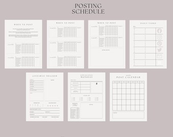 May include: A set of beige and white printable planner pages. The pages include sections for scheduling posts, tracking giveaways, and daily tasks. The text "POSTING SCHEDULE" is at the top. The pages are arranged on a light purple background.