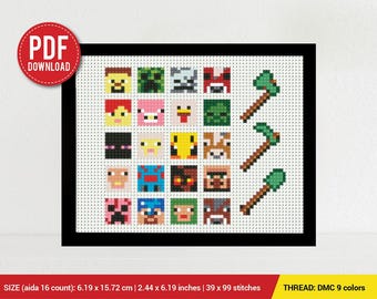 Schema per punto croce a tema Minecraft | Schema per ricamo | Download immediato | Disegni per ricamo