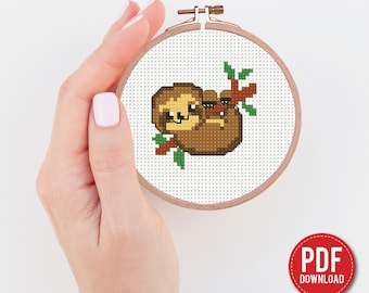 Schema punto croce bradipo PDF - Ricamo bradipo PDF - Download immediato - Piccoli animali, contato per principianti, ricamo, PDF digitale