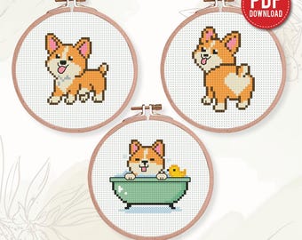 Schema punto croce Tiny Corgi Set 3 PDF, Mini Corgi Pembroke ricamo, Download immediato, Piccolo, Principiante contato, Regalo fai da te, razza di cane