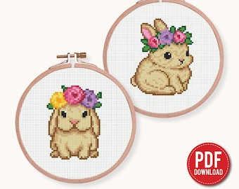 Pacchetto di 2 mini coniglietti carini, schema punto croce, contemporaneo, coniglio pasquale, contato per principianti, schema moderno, fai da te, ricamo, PDF istantaneo