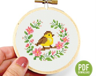 Small Bird cross stitch pattern – Mini Bird embroidery - Instant download – Tiny, beginner counted, Floral embroidery, digital PDF