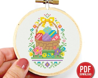 Schema per punto croce di un cestino di Pasqua, disegno di uova floreali, schema di ricamo primaverile, cestino di Pasqua, download immediato in PDF