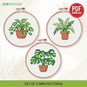 Op de afbeelding: Drie kruissteekpatronen van potplanten in borduurringen. Elke plant heeft groene bladeren en staat in een terracotta pot. De ringen worden bij elkaar gehouden met een houten sluiting. De tekst "SET OF 3 MINI PATTERNS" staat onderaan.