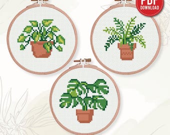 Conjunto de patrones de punto de cruz de miniplantas | 3 plantas en maceta para bordar en PDF | Punto contado para principiantes, diagrama botánico, hazlo tú mismo, patrón floral, PDF instantáneo