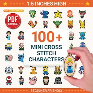 Può includere: Un'immagine che mostra più di 100 mini personaggi a punto croce, tra cui personaggi dei cartoni animati. L'immagine mostra un punto croce di una principessa in un telaio di legno, alto 3,8 cm. È visibile anche il testo "Beginner Friendly".