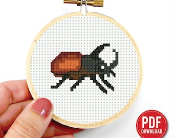 Rhinoceros beetle Cross stitch pattern, contemporary nature, mini insects, beginner counted, modern chart, gift DIY, embroidery, instant PDF