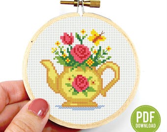 Floral Teapot Cross Stitch Pattern PDF, Vintage Flower Embroidery, Cottagecore Decor, Instant Download