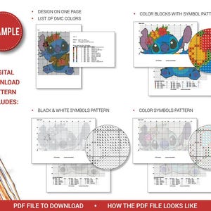 May include: Digital download pattern includes design on one page, a list of DMC colors, color blocks with symbol pattern, black & white symbols pattern, and color symbols pattern. The example shows how the PDF file looks like.