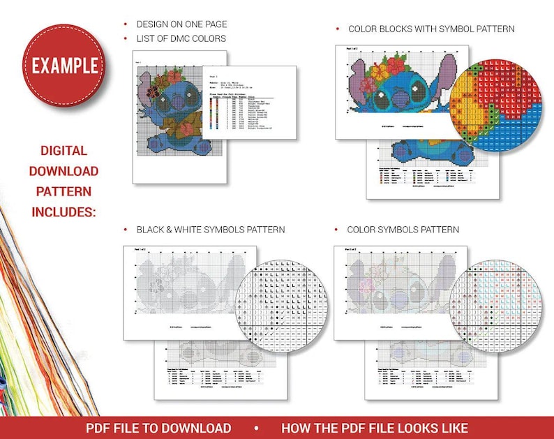 May include: Digital download pattern includes design on one page, a list of DMC colors, color blocks with symbol pattern, black & white symbols pattern, and color symbols pattern. The example shows how the PDF file looks like.