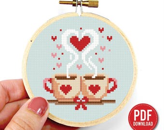 Schema punto croce Love Coffee in PDF, mini ricamo di San Valentino, tazze a forma di cuore, regalo romantico, principiante contato, regalo fai da te