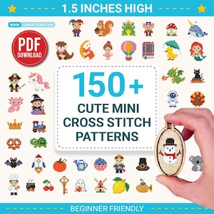 Puede incluir: Una descarga digital en PDF con más de 150 mini patrones de punto de cruz, cada uno de 3,8 cm de altura. La colección incluye iconos pixelados coloridos como animales, comida y temas festivos, junto a una muestra de un muñeco de nieve.
